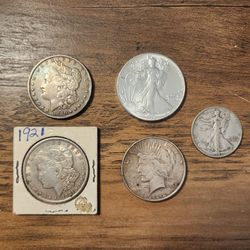 Lot of 5 US Silver Coins - Morgan, Peace, 1986 Silver Eagle & Walking Liberty
