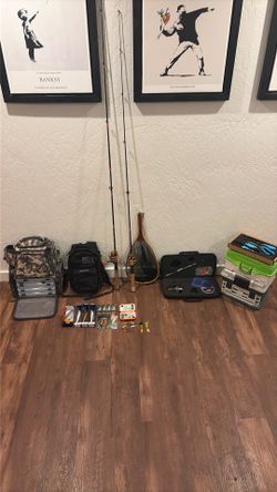 Fishing Gear 3 rods & Reels Tackle Boxes Backpacks Lures Tools See Pics & Description