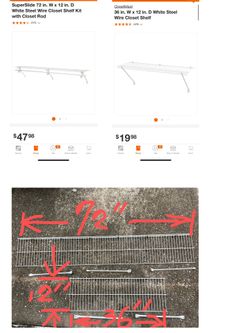 72x12” And 36x12” White Steel Wire Closet Shelf Kit