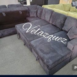 ✅️✅️4 pc Black corduroy fabric sectional sofa with storage chaise and love seat and pop up sleep area in center USB charging✅️✅️