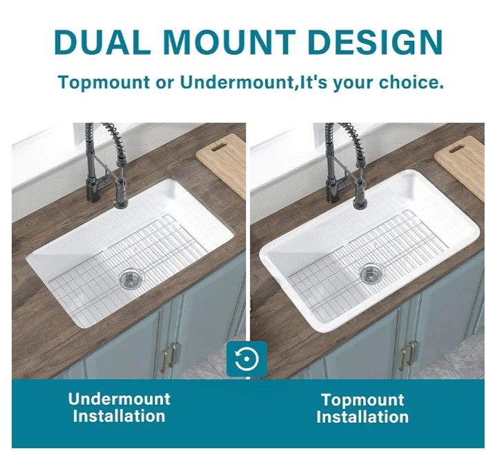 Top Mount or Undermount Kitchen Sink White 32 x 19 Inch,10" High Top Mount Fireclay Sink Drop In Single Bowl, Dual Mount, with Accessory 2 Types, Pure