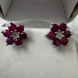 925 Sterling Silver ~3mm Ruby & Diamond Cluster Stud Earrings