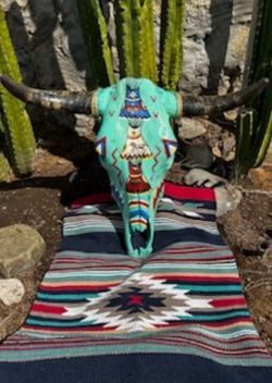 Hand Painted Southwest / Indian Art Design Cow Skull With 20”x40” Accent 