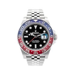 Rolex GMT-Master II (Pepsi) Pre-owned Rolex GMT-Master II. Has a stainless steel 40mm case and jubilee style bracelet. Features a bidirectional rotata