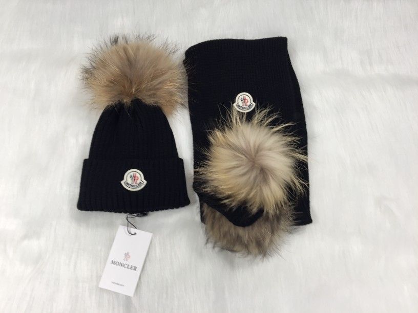 Moncler Beanie With Pom Pom Black (Kids set: hat + scarf)
