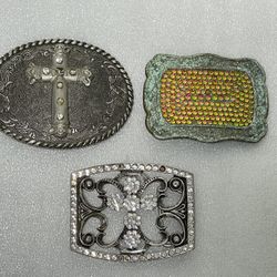 Robbie French ~ Metal Belt Buckles with Rhinestones ~ Lot of 3 ~ Cross