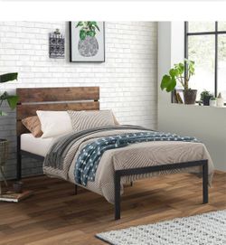 LIKE NEW! Twin Size Metal Platform Bed Frame with Rustic Wooden Headboard - $45