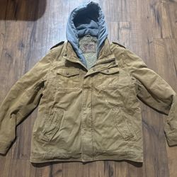 Levi's Jacket Mens LARGE Brown Denim Hooded Full Zip Hoodie Sherpa Lined