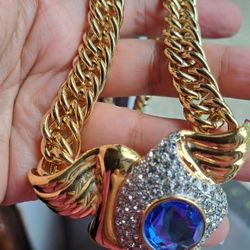 Gold Tones Sapphire And White Crystal 