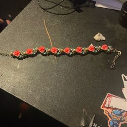 Vintage Necklace Bracelet Orange Carved Roses Faux Coral Pearls 