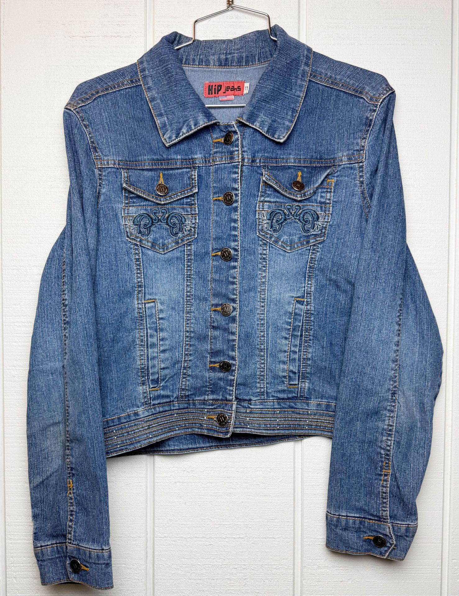 Hip Jeans Denim Womens Jacket Bling size 11 USA Embroidery Breast pockets Button