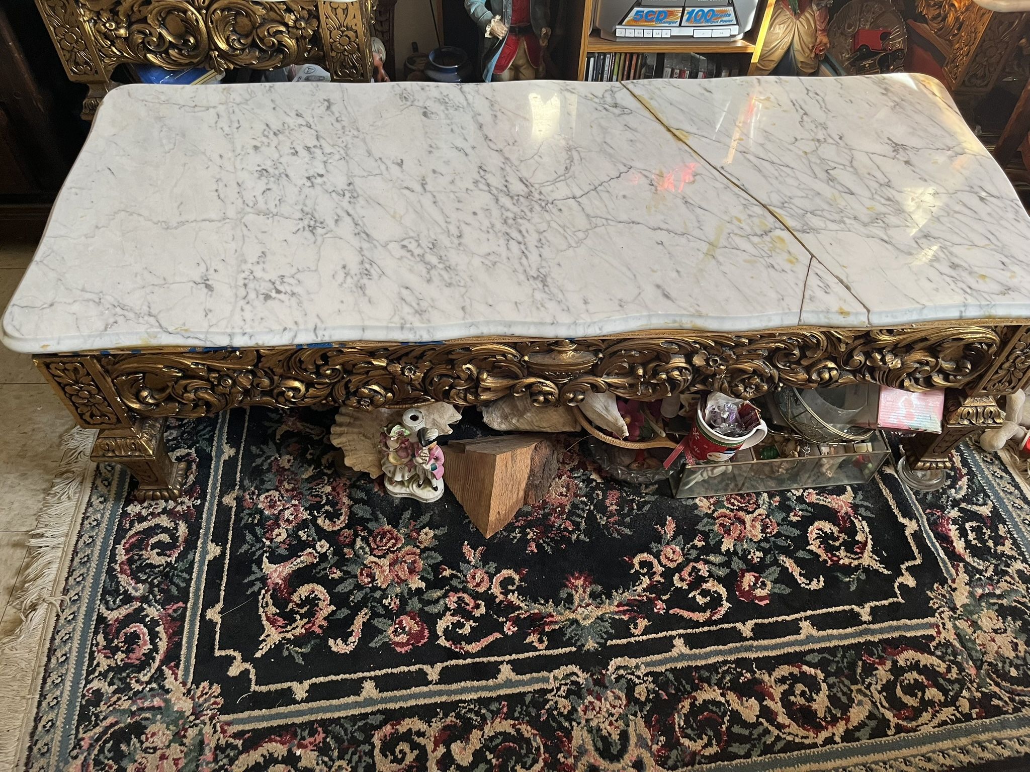 Ornate Marble-Top Coffee Table – Carved Base – Repaired Marble