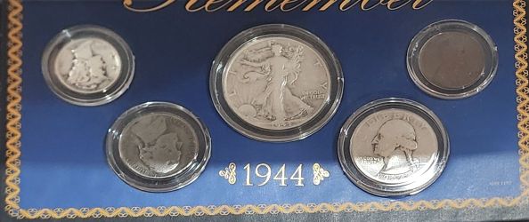 1944 "A Year to Remember" coin set typically features five or more genuine U.S. circulating coins from 1944—including 90% silver Walking Liberty half 