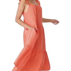 NWT PJ Salvage Copa Cabana Maxi Dress Large Coral Ruffle Strap Tiered Flowy Dress
