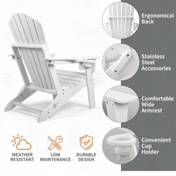 FUNBERRY Folding Adirondack Chair, Fire Pit Chairs, Plastic Adirondack Chairs Weather Resistant with Cup Holder, Composite Adirondack Chairs, White