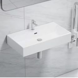 Turner Vitreous China 30 in. W x 16 in. D x 5 in. H Wall-Mount Bathroom Sink with Faucet Hole and Overflow in White