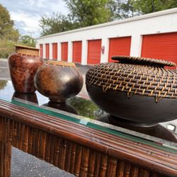 Vintage Woven Rattan and Terra Cotta/Wood Vases