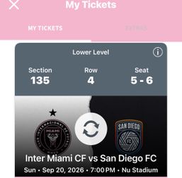 2 tickets Inter Miami CF vs San Diego FC Sun • Sep 20, 2026 • 7:00 PM • Nu Stadium