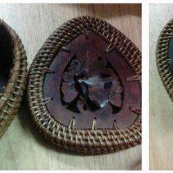 ANTIQUE DECOR PAPAGO BASKETS, FROG BASKET, EMBOSSED BRASS PLAQUES, MEDALLION LION DEER FLYING PHEASANTS, RARE INDIGENOUS POTTERY PIG, VINTAGE CARVING 