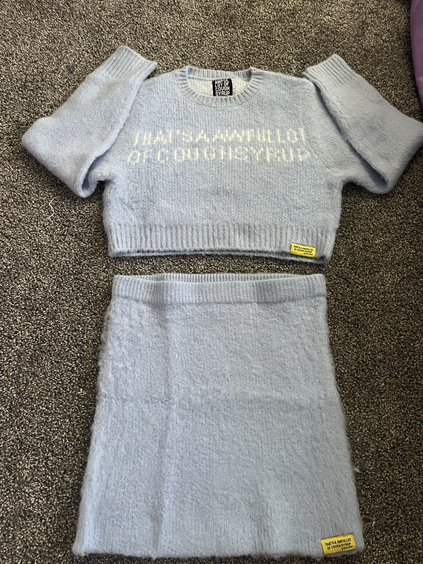 ‘THAT’S A AWFUL LOT OF COUGH SYRUP’ Light Blue Mohair Top AND Mohair Skirt SET. Size LARGE/XL