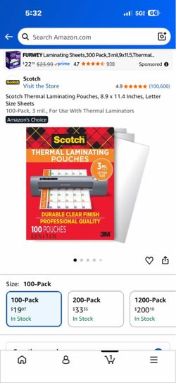 Brand new scotch thermal laminating pouches 100