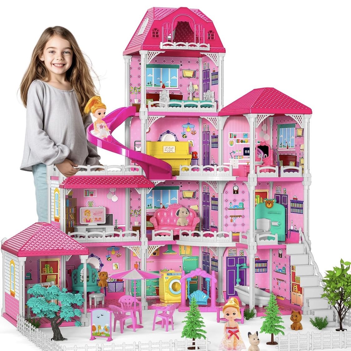 Dolls House for Girls Toys, 4 Stories 10 Rooms Dollshouse with 2 Princesses Slid