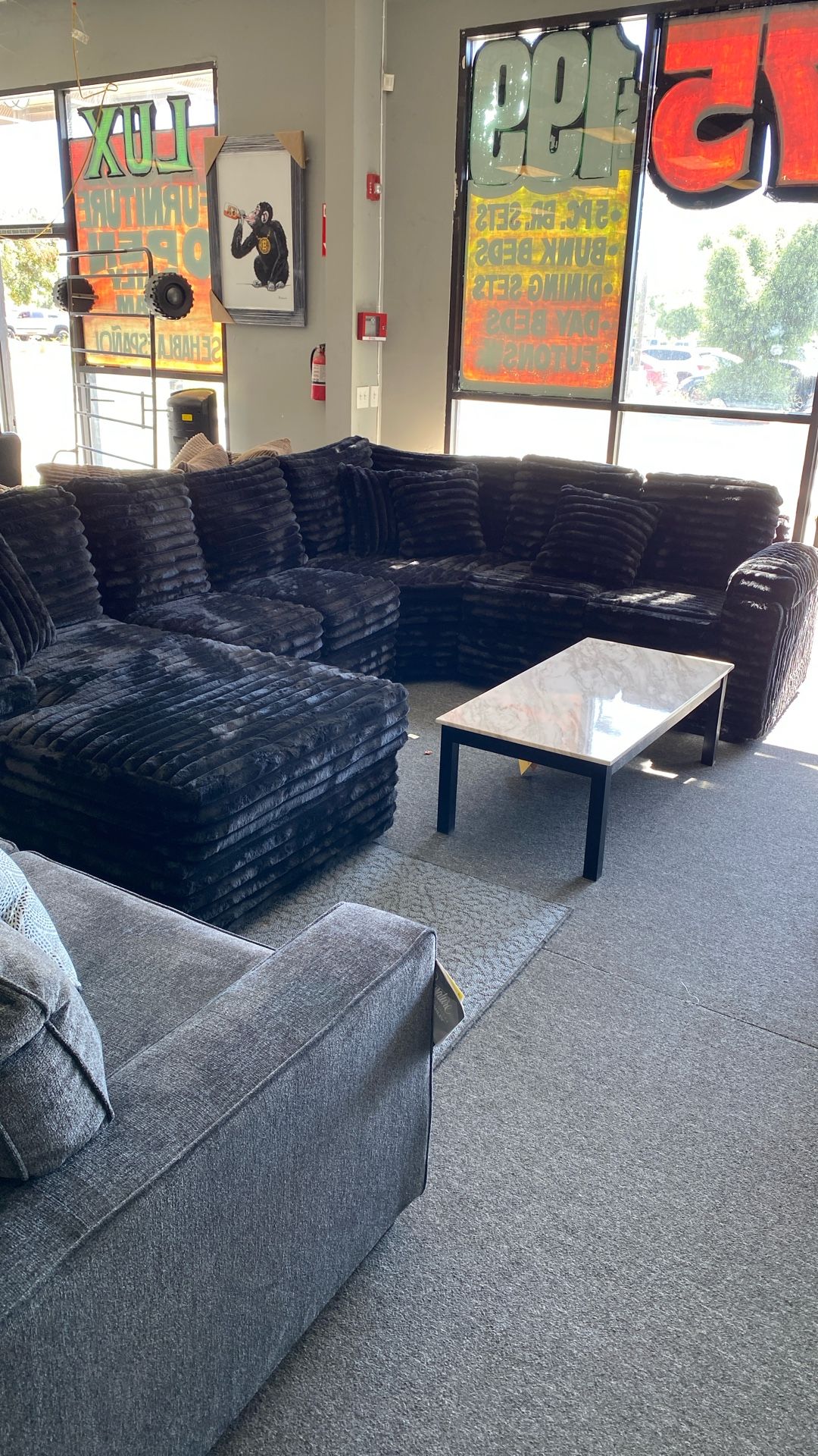Black Plush Cord Sectional Bling Black Delivered Today $40 Down Takes It