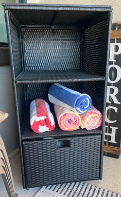 Black Wicker Pool Towel & Patio Storage Cabinet —