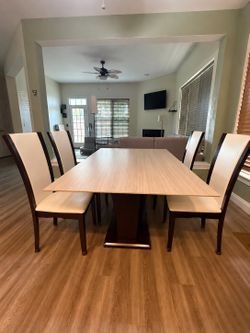 Glass Dining Table + 8 Matching Chairs – $250