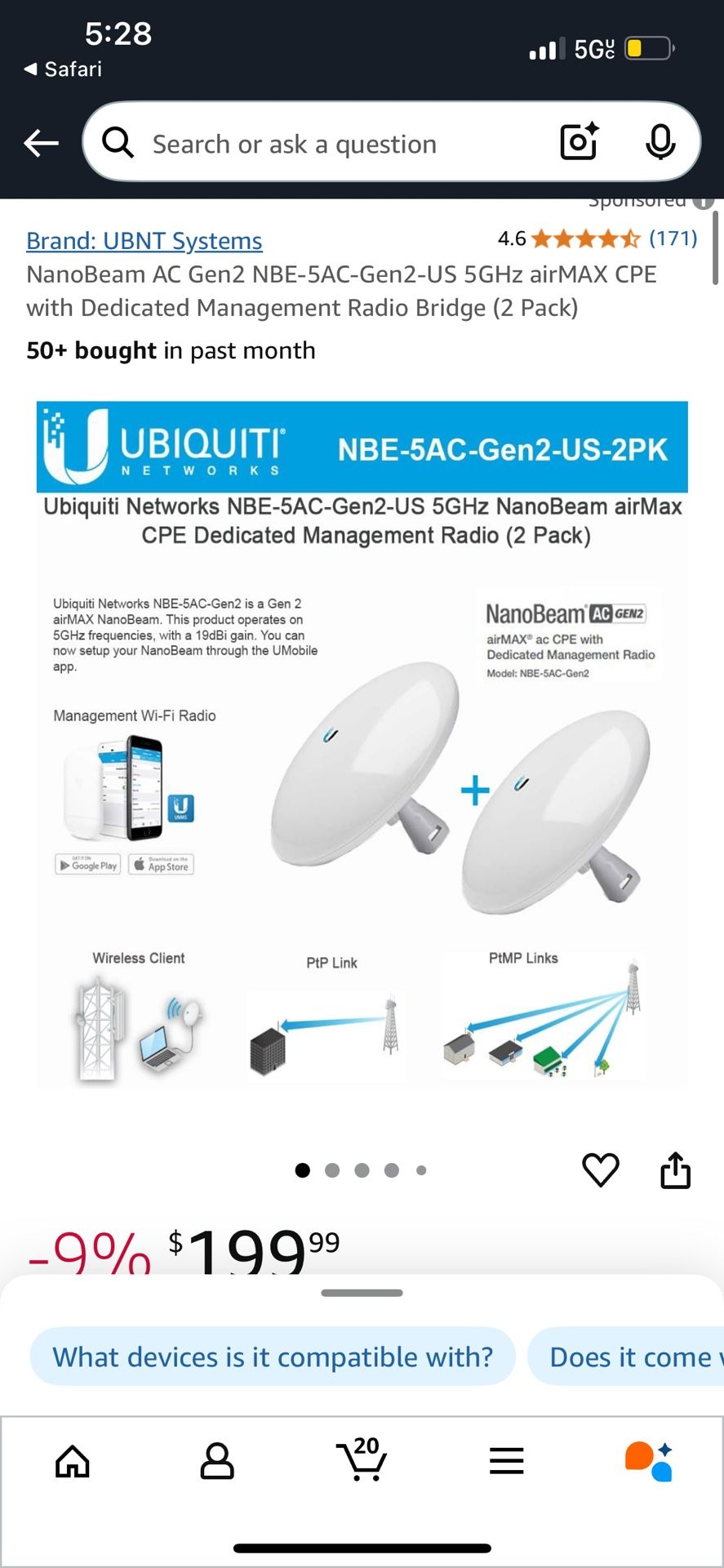 NanoBeam AC Gen2 NBE-5AC-Gen2-US 5GHz airMAX CPE with Dedicated Management Radio Bridge (2 Pack)