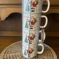 “Stackable Christmas Mugs with Metal Stand”