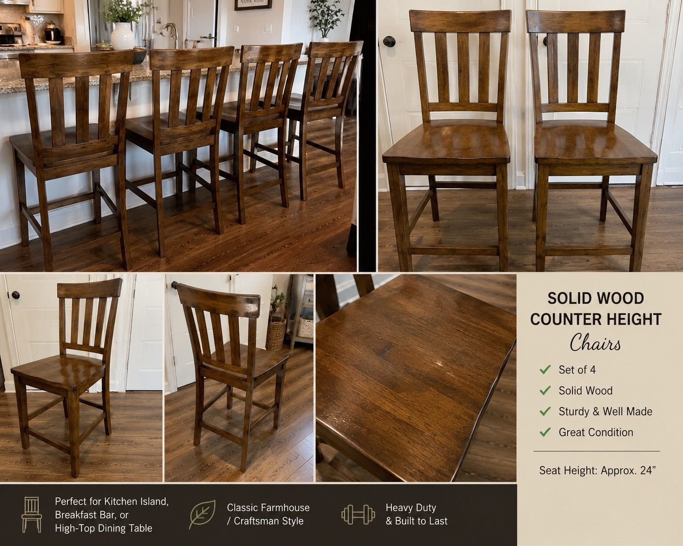 Solid Wood Counter Height Chairs – Set of 4