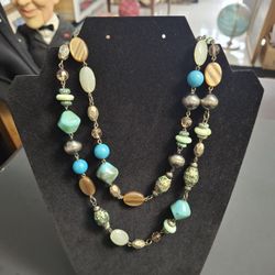 Asymmetrical Gemstone Necklace With Faux Turquoise, Jasper, Jade, Tiger's-eye & Brass- It's 35" To Create A Layered Look