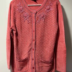 Jenny Salmon Pink Plush Velour Cardigan Embroidered Flowers Long Sleeve Sweater Womens Medium