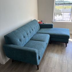 Mid-Century Teal Chenille Chaise Sofa — Great Condition!