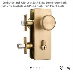 7713: New Gold Door Knob with Lock, Satin Brass Exterior Door Lock Set with Deadbolt Lock, Pismo Knob Front Door Handle
