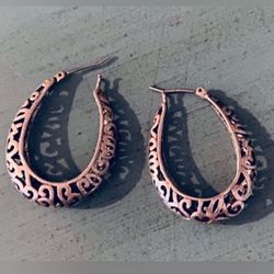 Sterling  Silver Filigree Medium Size Hoop Earrings, 925