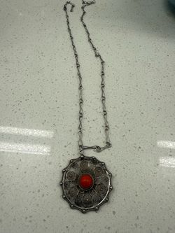 Vintage silver filigree and coral lapel pin and chain