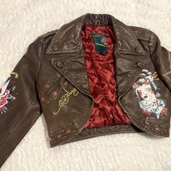 Very RARE, Vintage Don Ed Hardy Cropped Leather And Satin Jacket