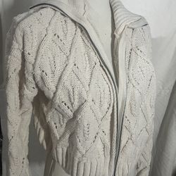 Pink Rose, Ivory Color Knit Zip Up Jacket, Size Small