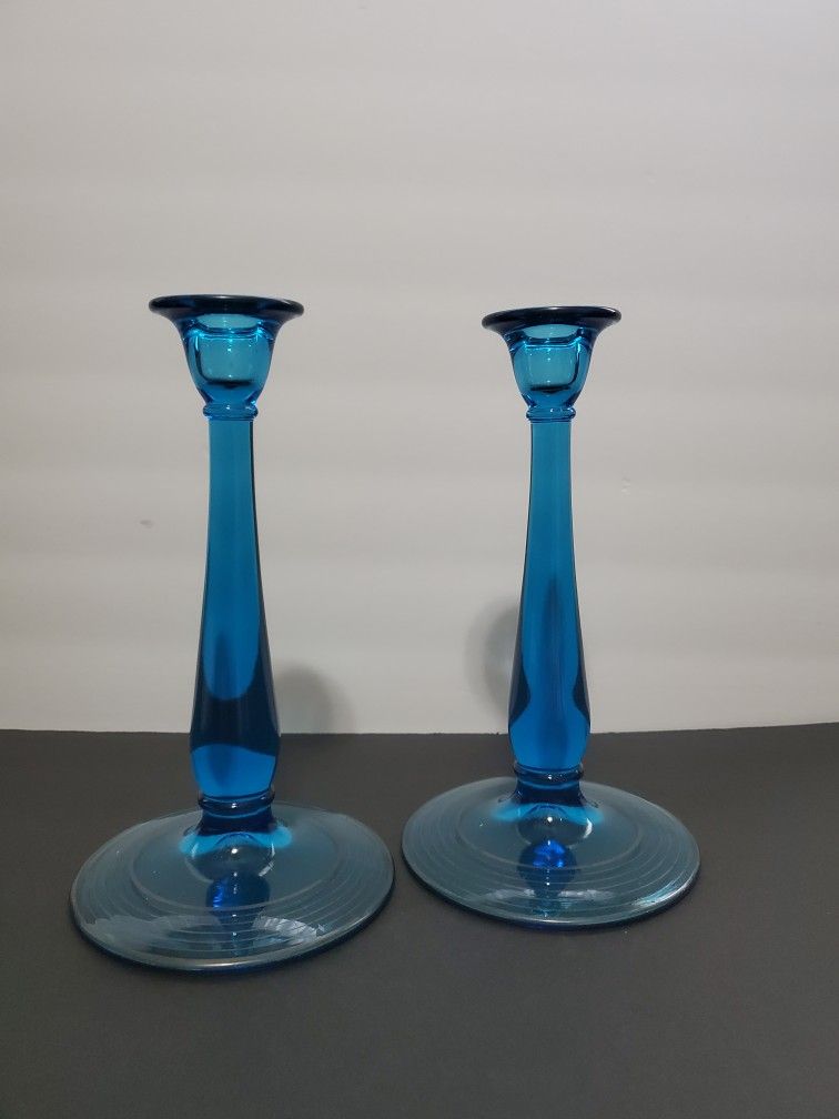 Mid-Century Teal Blue Glass Candle Holder With Silver Rings on The base.