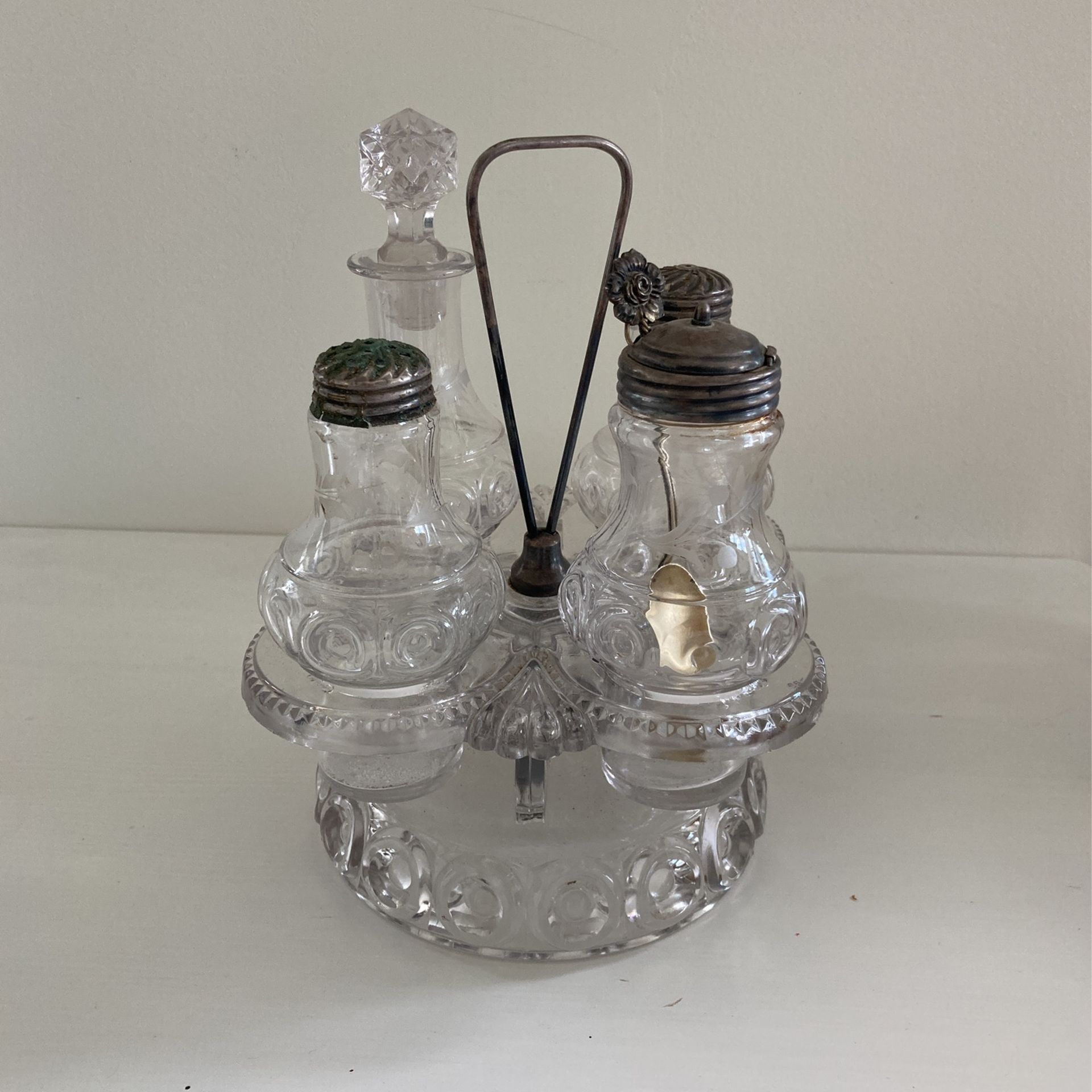 Antique Clear Glass Cruet Set -5 Pieces - Base -Salt, Pepper, Mustard, Vinegar