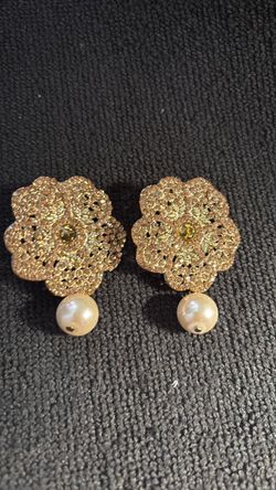 Gold Floral Stud Earrings with Pearl Drop