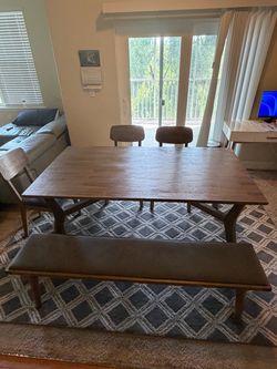 Caleb Dining Table, Dining Bench and 3 chair. Nothing broken or scratched. Paid $1600