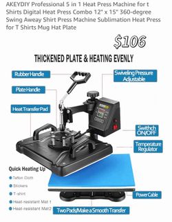 AKEYDIY Professional 5 in 1 Heat Press Machine for t Shirts Digital Heat Press Combo 12" x 15" 360-degree Swing Aweay Shirt Press Machine Sublimation 