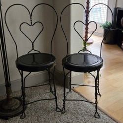 Two (2)  Antique Iron Heart Ice Cream Chairs