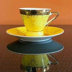 Vintage Trina Yellow and Gilt Demitasse with Saucer Made In Japan