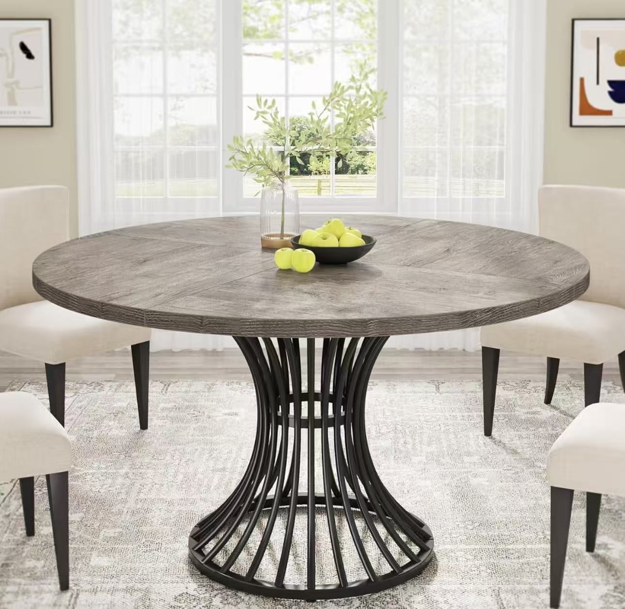 XK00622 Round Dining Table for 4-6, 47" Farmhouse Circle Kitchen Table