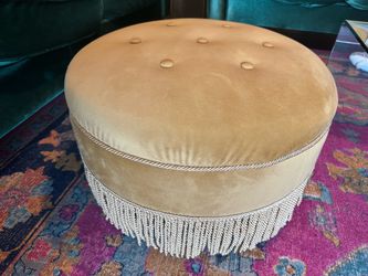 Round Gold/Yellow Velvet Ottoman with Fringe - 24in