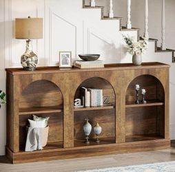 Farmhouse Console Table, 63-Inch Long Entryway Table with 3 Tier Storage, Wooden Rectangular Sofa Table Behind The Couch, Rustic Brown